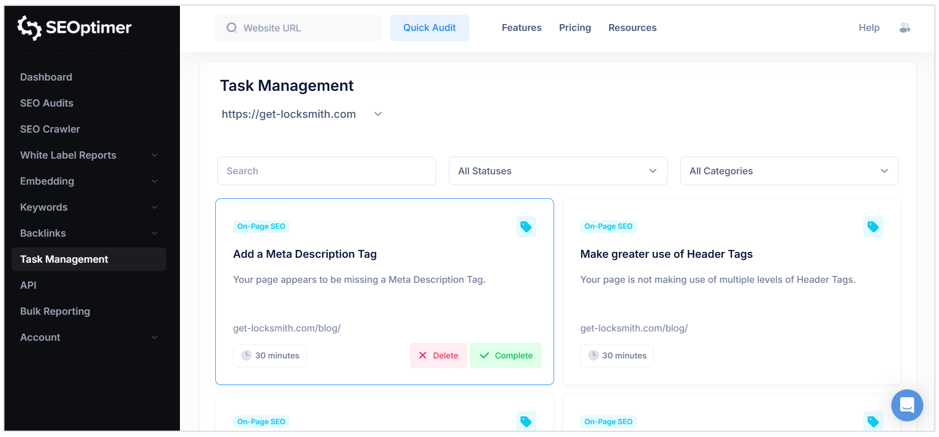 SEO task management dashboard